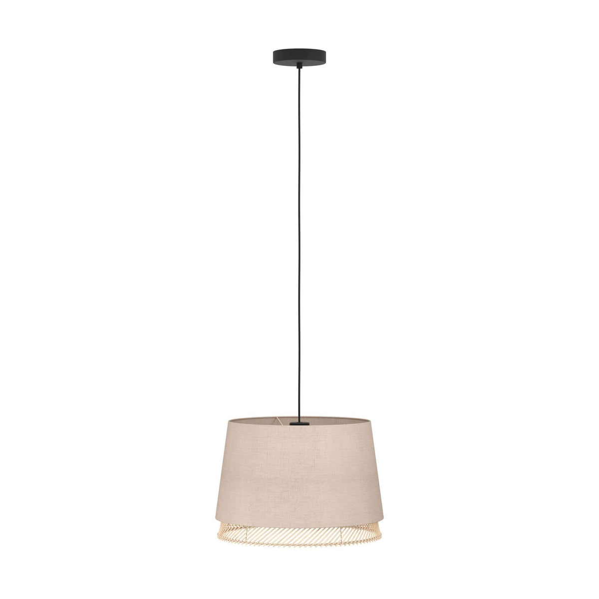 Tabley Single Drop Pendant with Two Layered Lampshades of Fabric and Bamboo