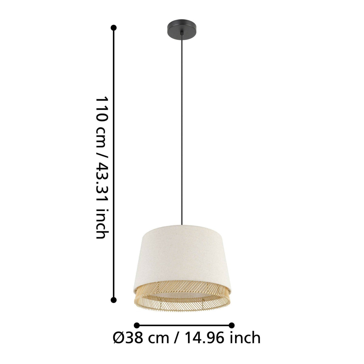 Tabley Single Drop Pendant with Two Layered Lampshades of Fabric and Bamboo