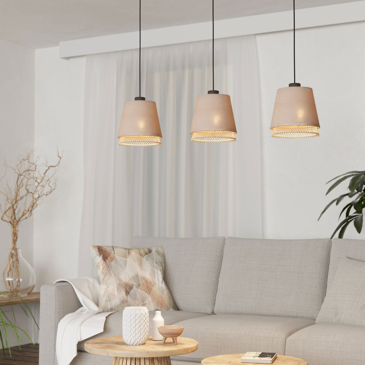 Tabley Triple Drop Linear Pendant with Two Layered Lampshades of Fabric and Bamboo
