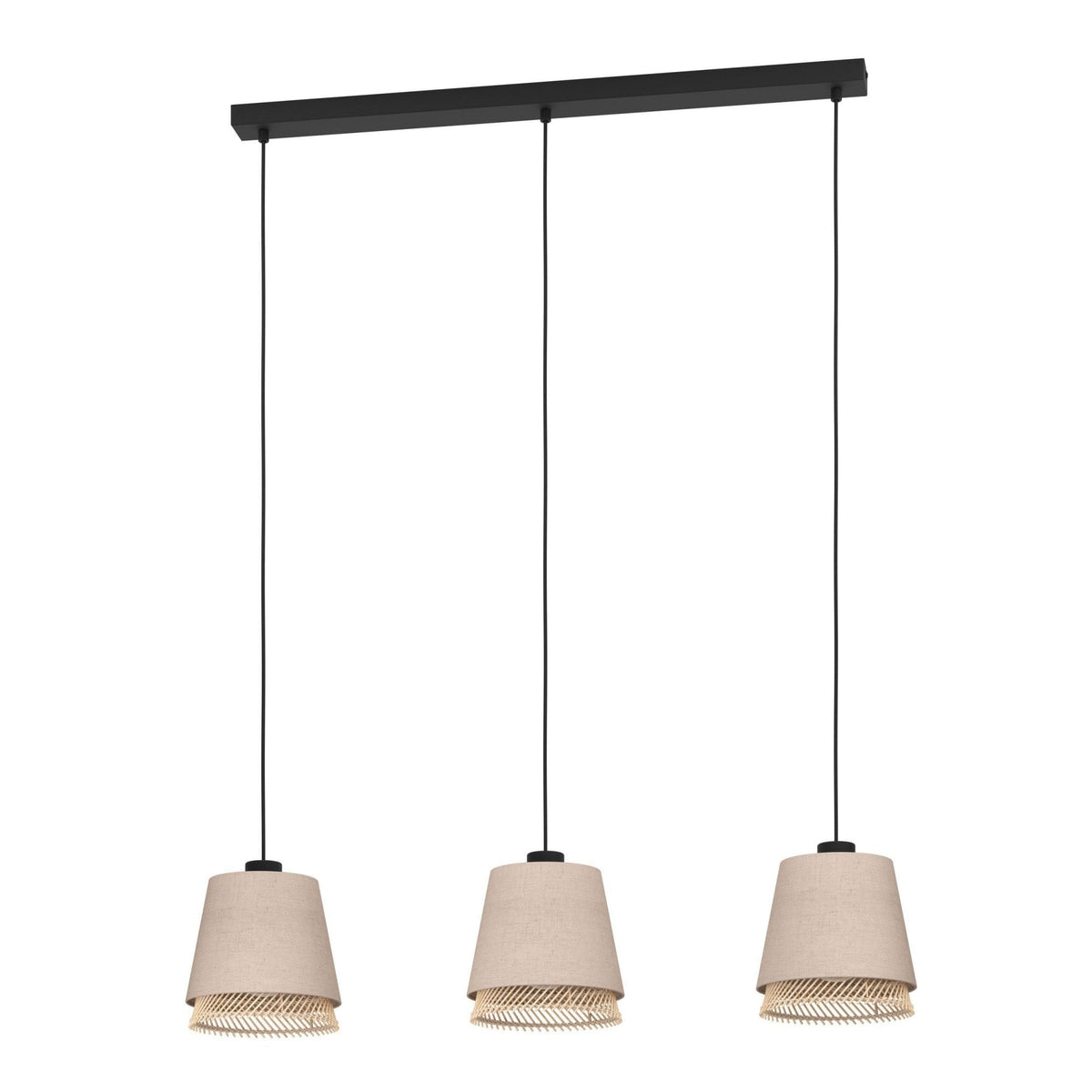 Tabley Triple Drop Linear Pendant with Two Layered Lampshades of Fabric and Bamboo