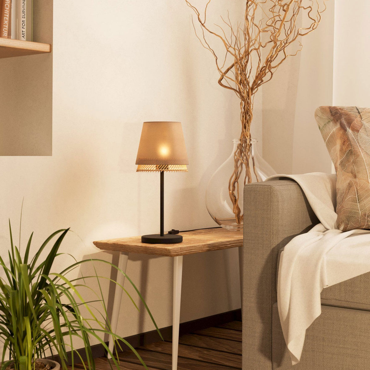 Tabley Table Lamp with Two Layered Lampshades of Fabric and Bamboo