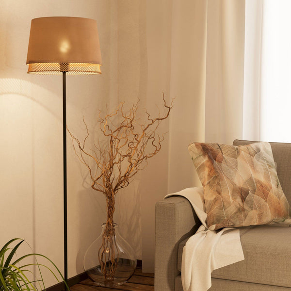 Tabley Floor Lamp with Two Layered Lampshades of Fabric and Bamboo