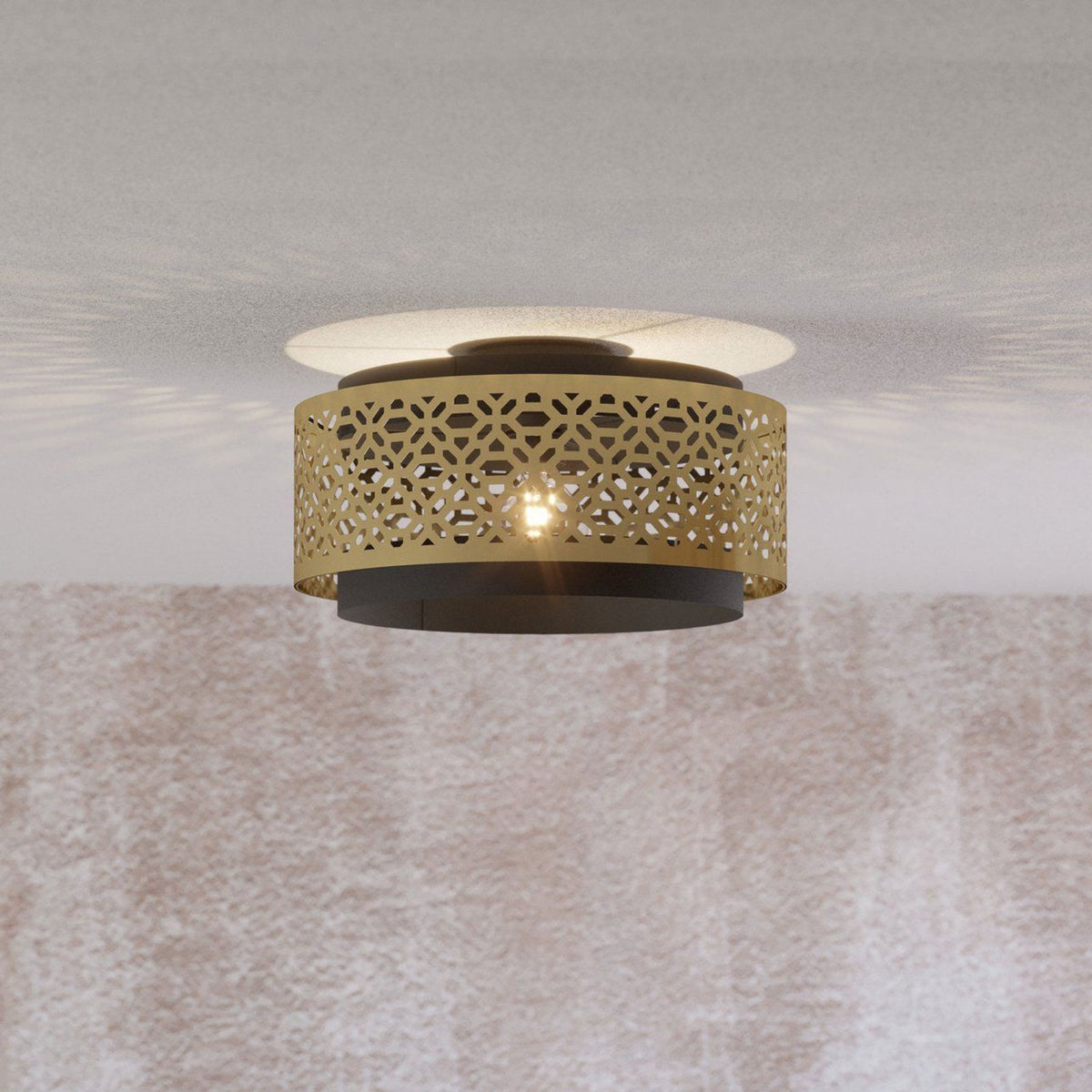 Sandbach Ceiling Light with a Black Steel Canopy and a Round Brass Lampshade