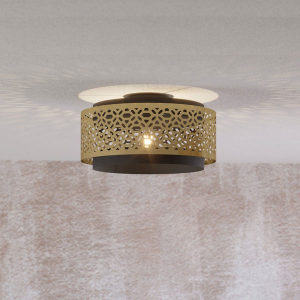 Sandbach Ceiling Light with a Black Steel Canopy and a Round Brass Lampshade