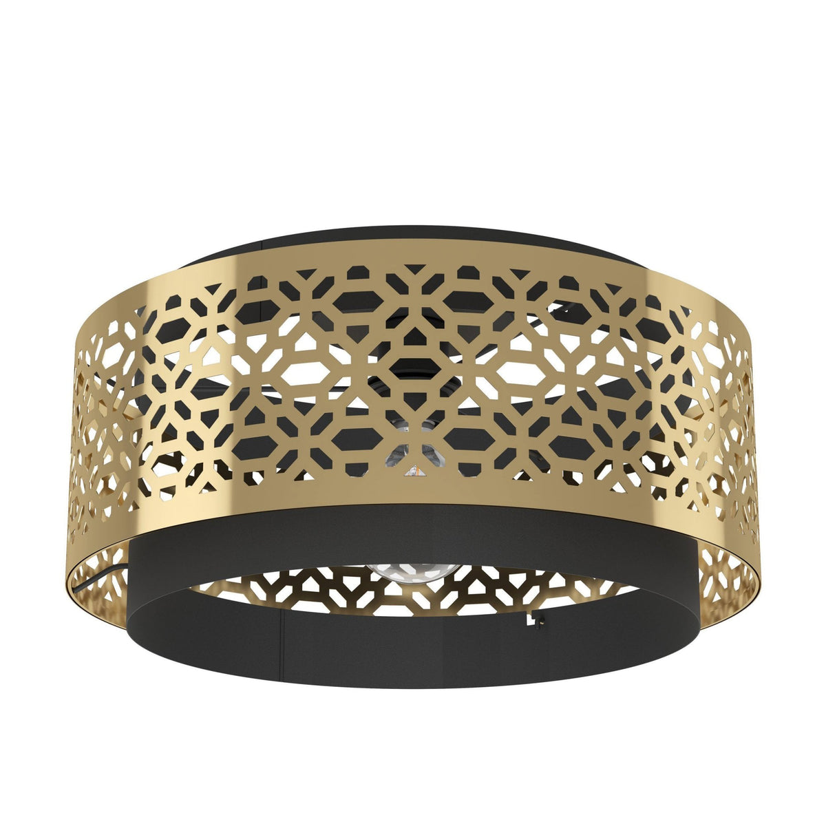 Sandbach Ceiling Light with a Black Steel Canopy and a Round Brass Lampshade