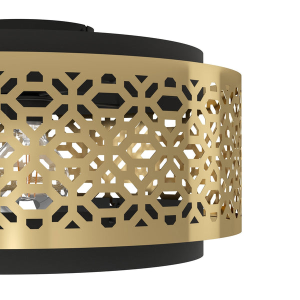 Sandbach Ceiling Light with a Black Steel Canopy and a Round Brass Lampshade