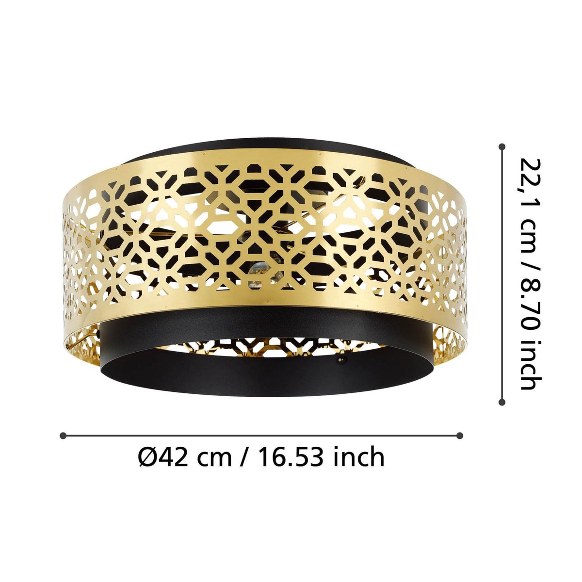 Sandbach Ceiling Light with a Black Steel Canopy and a Round Brass Lampshade