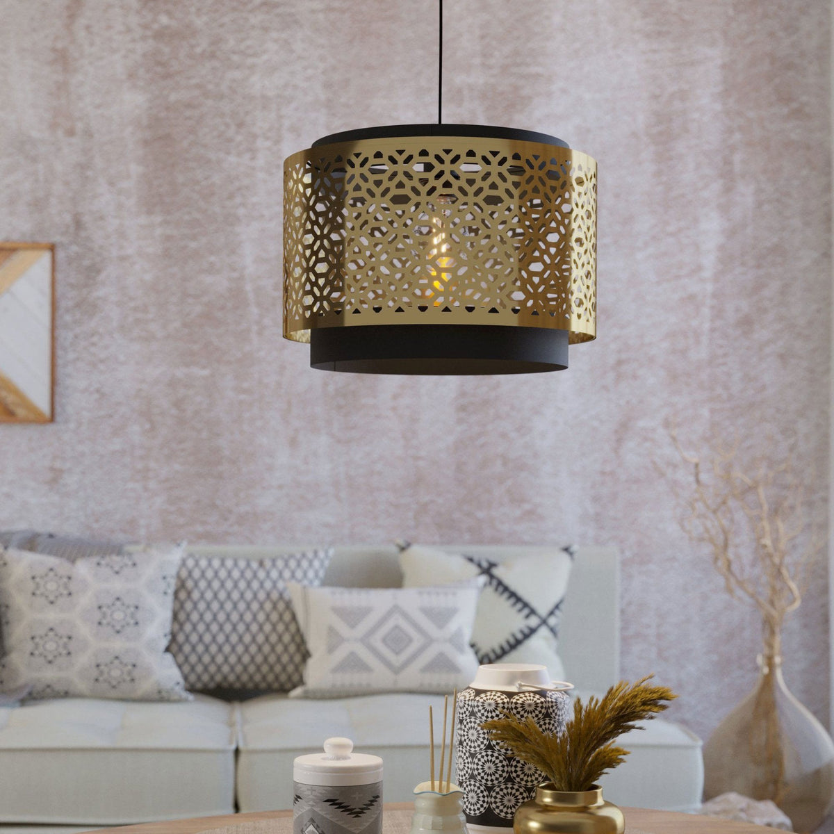 Sandbach Pendant with a Black Steel Canopy and a Round Brass Lampshade