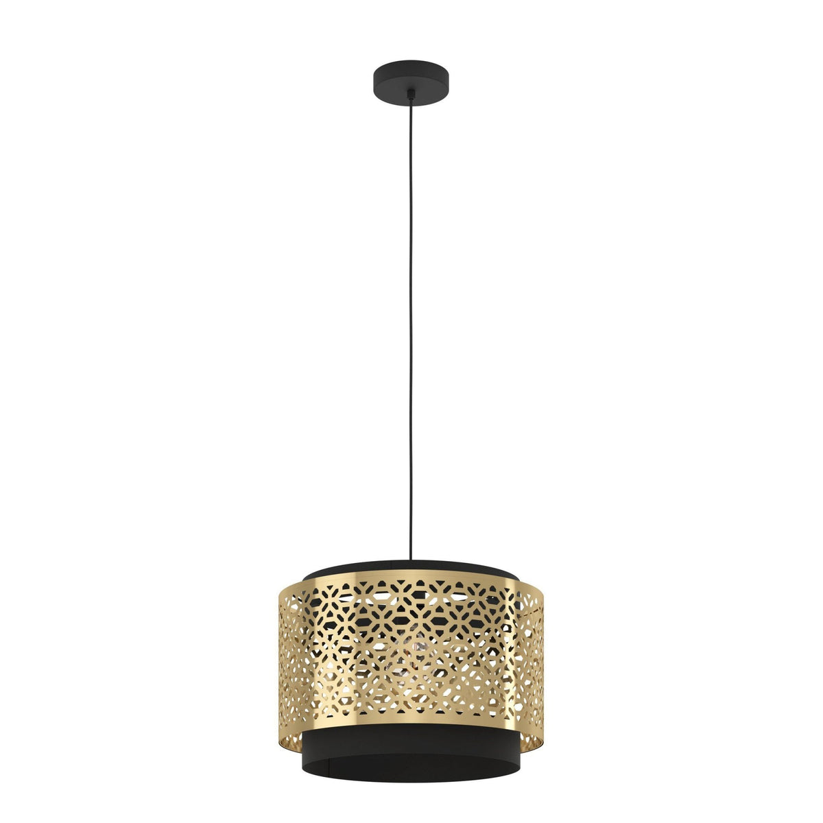 Sandbach Pendant with a Black Steel Canopy and a Round Brass Lampshade