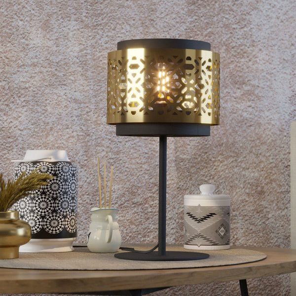 Sandbach Table Lamp with a Black Steel Base and a Round Brass Lampshade