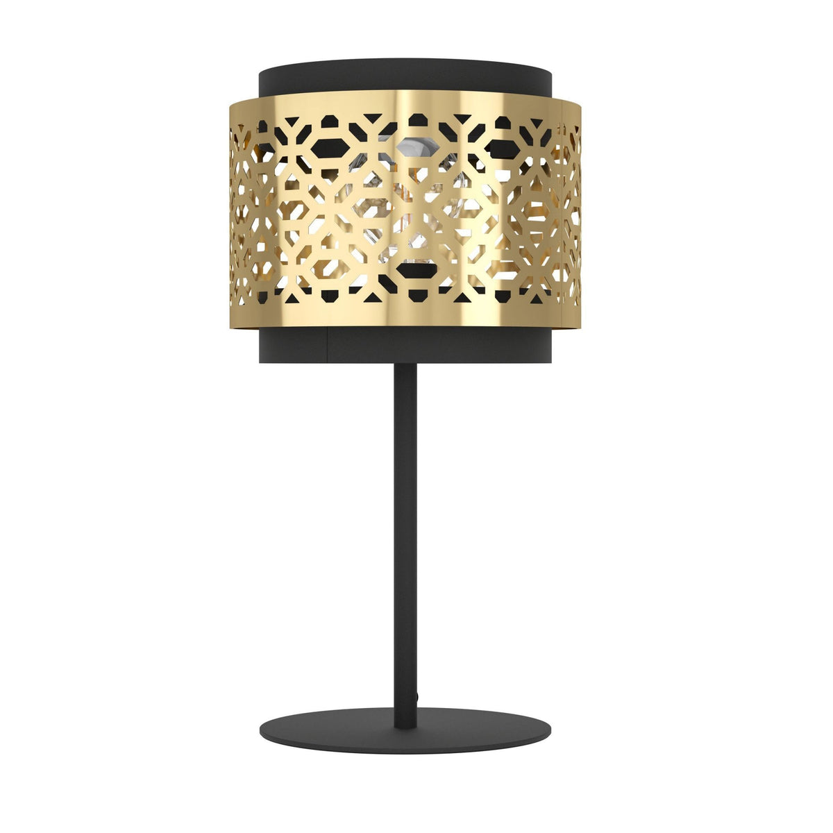 Sandbach Table Lamp with a Black Steel Base and a Round Brass Lampshade
