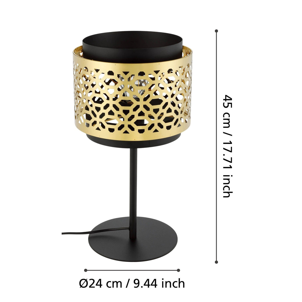 Sandbach Table Lamp with a Black Steel Base and a Round Brass Lampshade