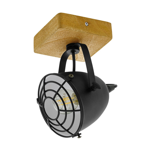 Gatebeck Single Spotlight with Wooden Base and Black Steel Caged Lampshade