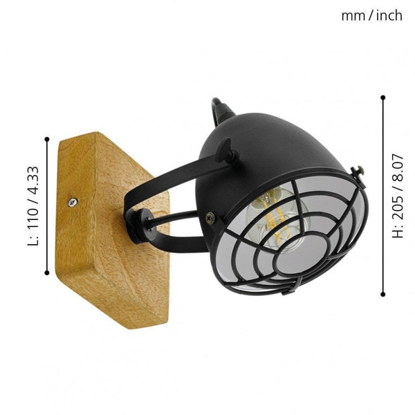 Gatebeck Single Spotlight with Wooden Base and Black Steel Caged Lampshade