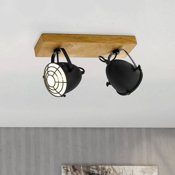 Gatebeck Twin Spotlight with Wooden Base and Black Steel Caged Lampshades