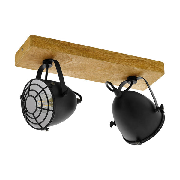 Gatebeck Twin Spotlight with Wooden Base and Black Steel Caged Lampshades