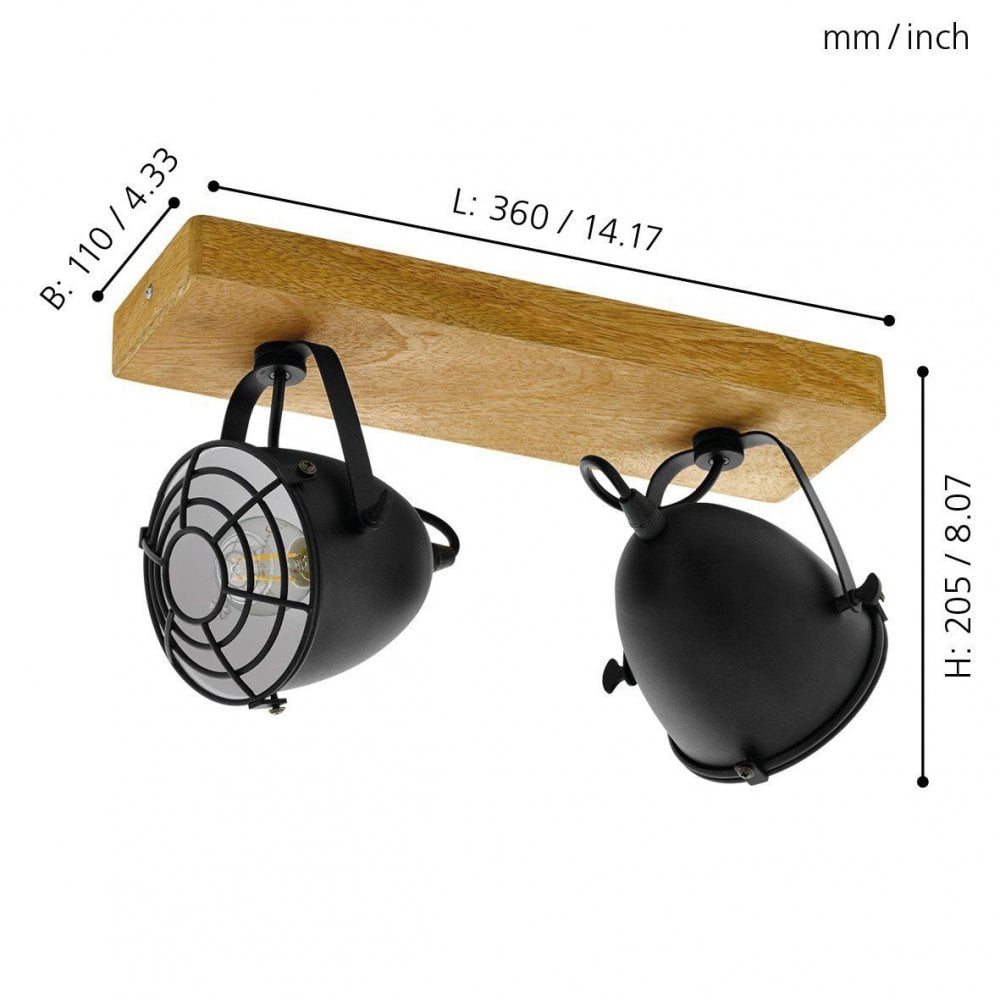 Gatebeck Twin Spotlight with Wooden Base and Black Steel Caged Lampshades