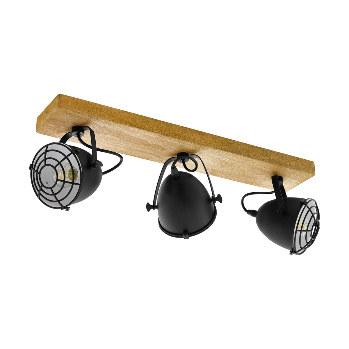 Three black metal spotlights on a wooden bar ceiling light, angled for industrial decor.