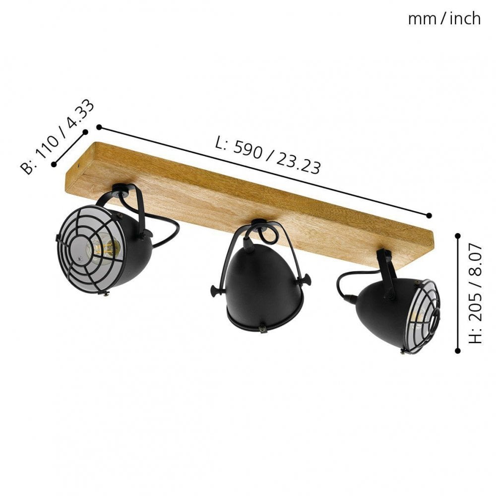 Three-light ceiling spotlight with dimensions: L 590mm, H 205mm, B 110mm.