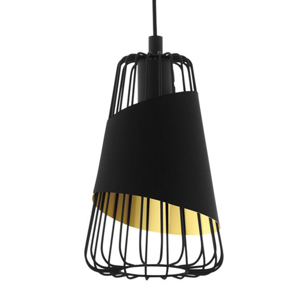 A close-up view of the black and gold pendant light with a wire cage design.