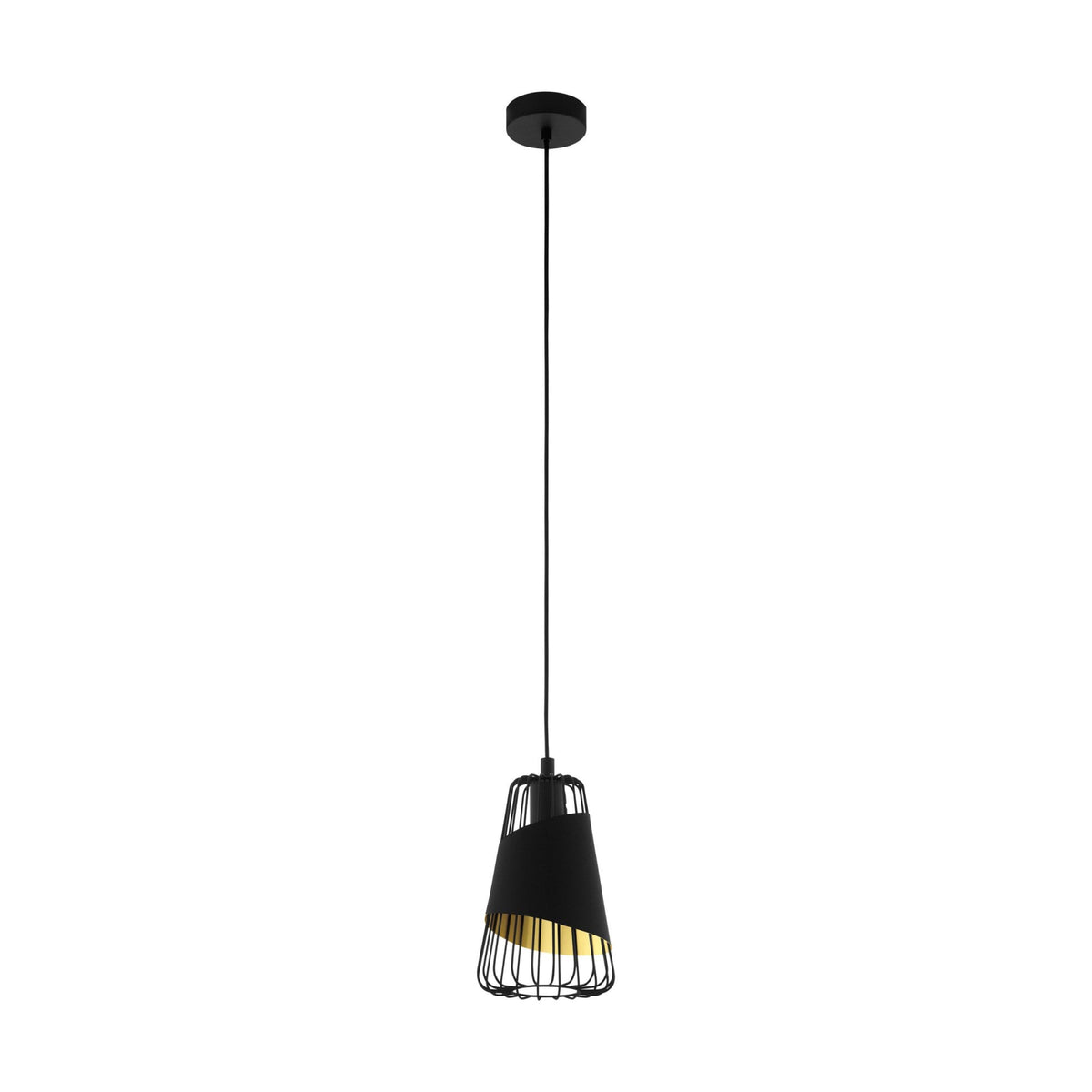 A full-length view of the black and gold pendant light against a white background.