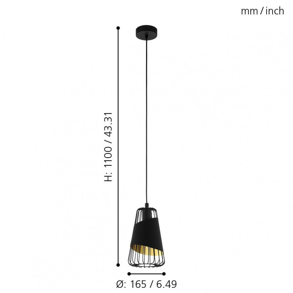 Dimensions of the black and gold pendant light, showing its height and diameter.
