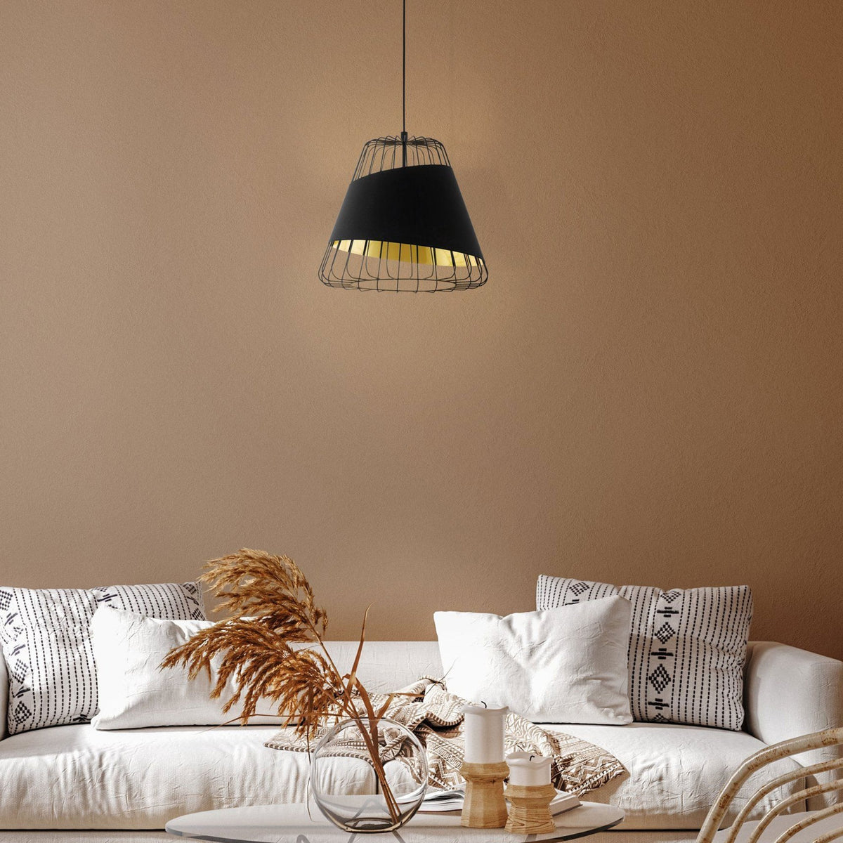 Austell 360mm Single Pendant with Black Band of Fabric with a Gold Inner Finish