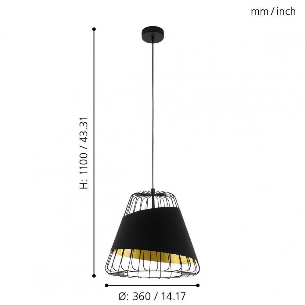 Austell 360mm Single Pendant with Black Band of Fabric with a Gold Inner Finish