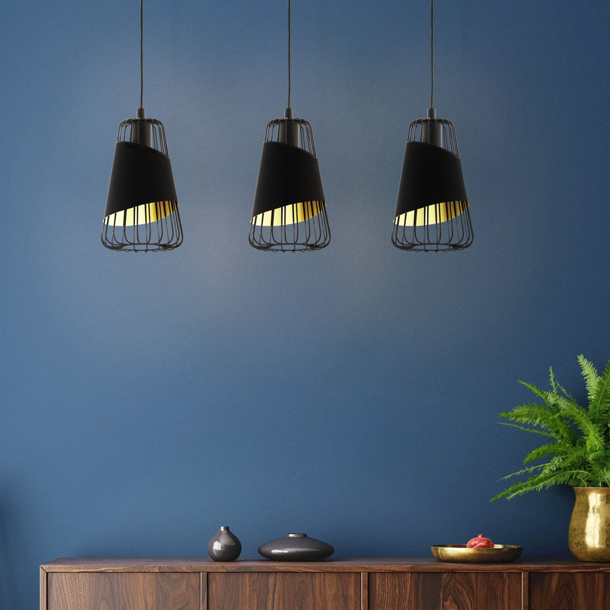 Austell Triple Drop Linear Pendant with Black Bands of Fabric with a Gold Inner Finish