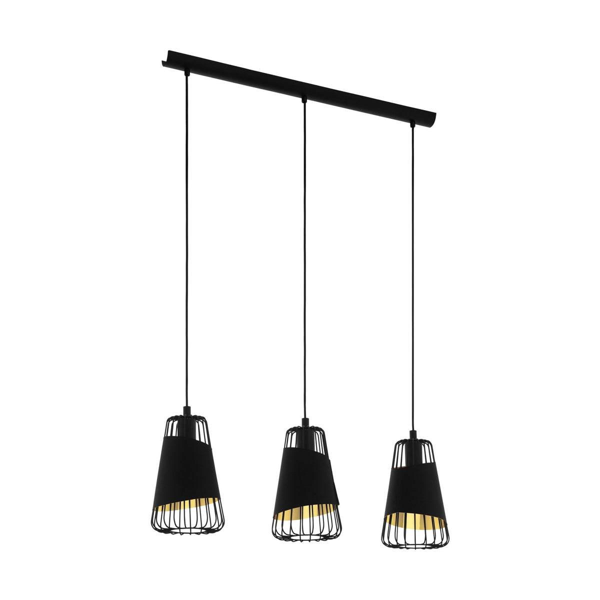 Austell Triple Drop Linear Pendant with Black Bands of Fabric with a Gold Inner Finish