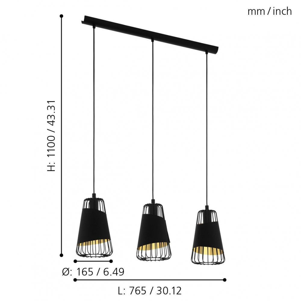 Austell Triple Drop Linear Pendant with Black Bands of Fabric with a Gold Inner Finish