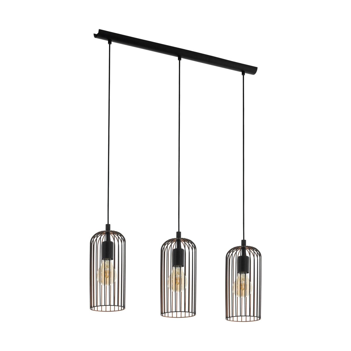 Three black caged pendant lights hang from a linear bar on a white background.