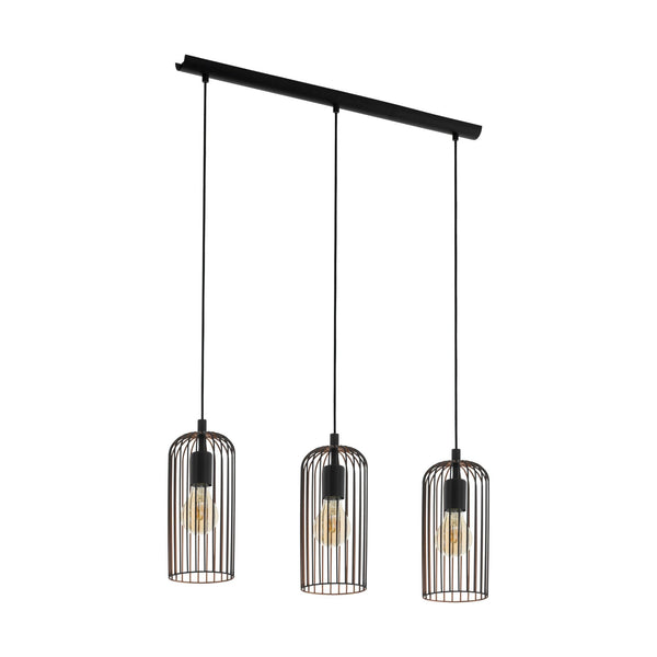 Three black caged pendant lights hang from a linear bar on a white background.