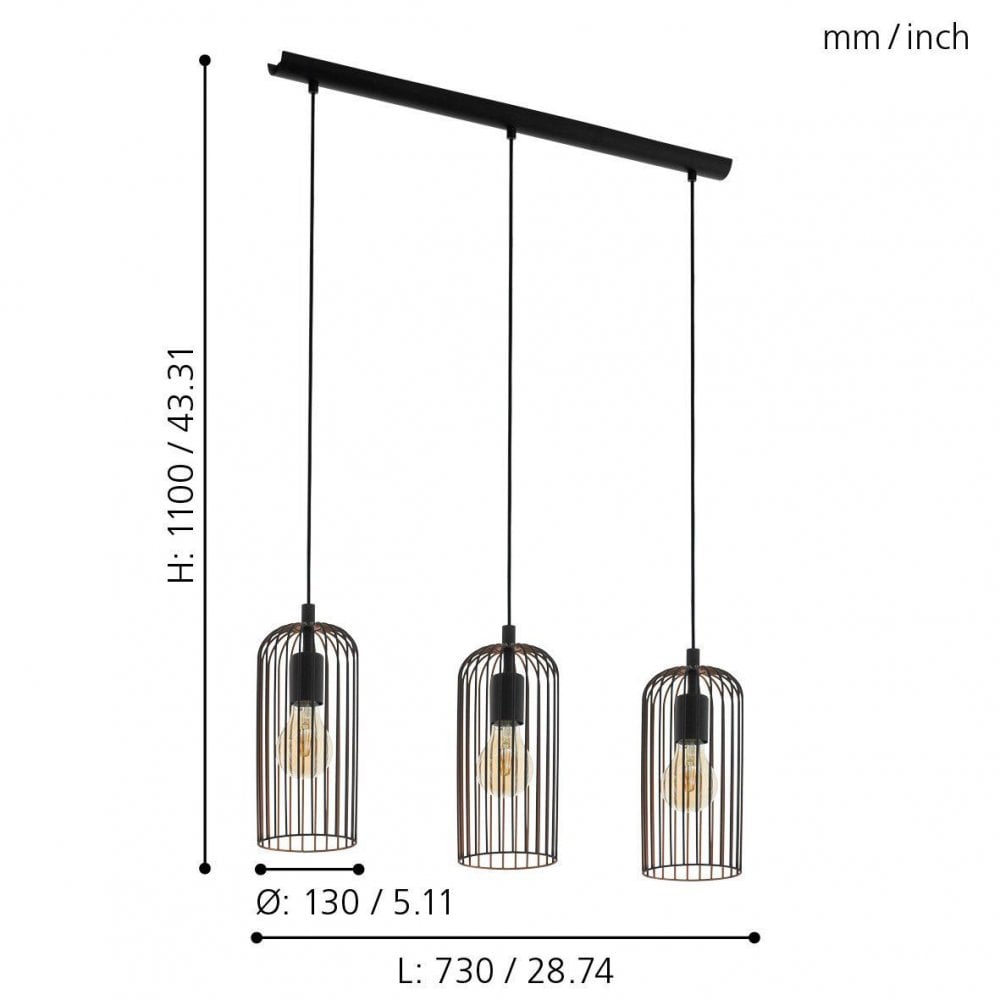Dimensions of three black caged pendant lights hanging from a linear bar.