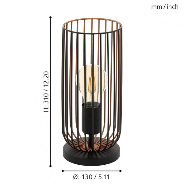 A minimalist black and copper caged table lamp with an exposed filament bulb and dimensions.