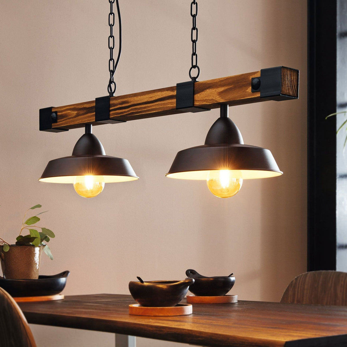 Oldbury Two Lamp Linear Pendant in Black with Burnt Wooden Crossbar