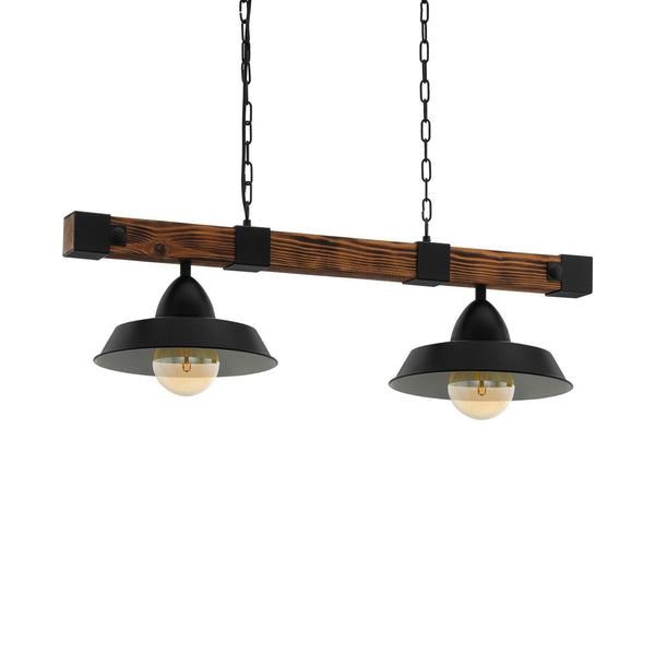 Oldbury Two Lamp Linear Pendant in Black with Burnt Wooden Crossbar