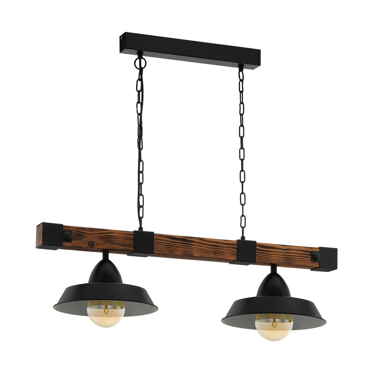 Oldbury Two Lamp Linear Pendant in Black with Burnt Wooden Crossbar