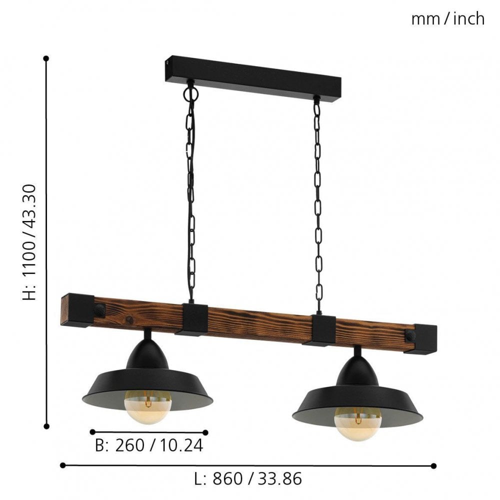 Oldbury Two Lamp Linear Pendant in Black with Burnt Wooden Crossbar