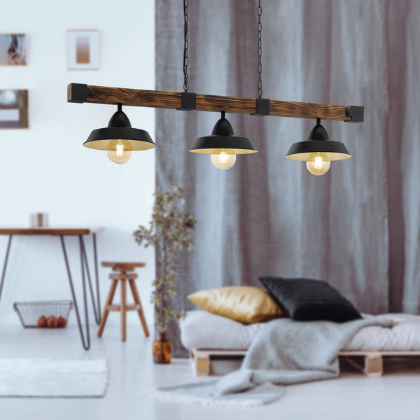 Oldbury Three Lamp Linear Pendant in Black with Burnt Wooden Crossbar