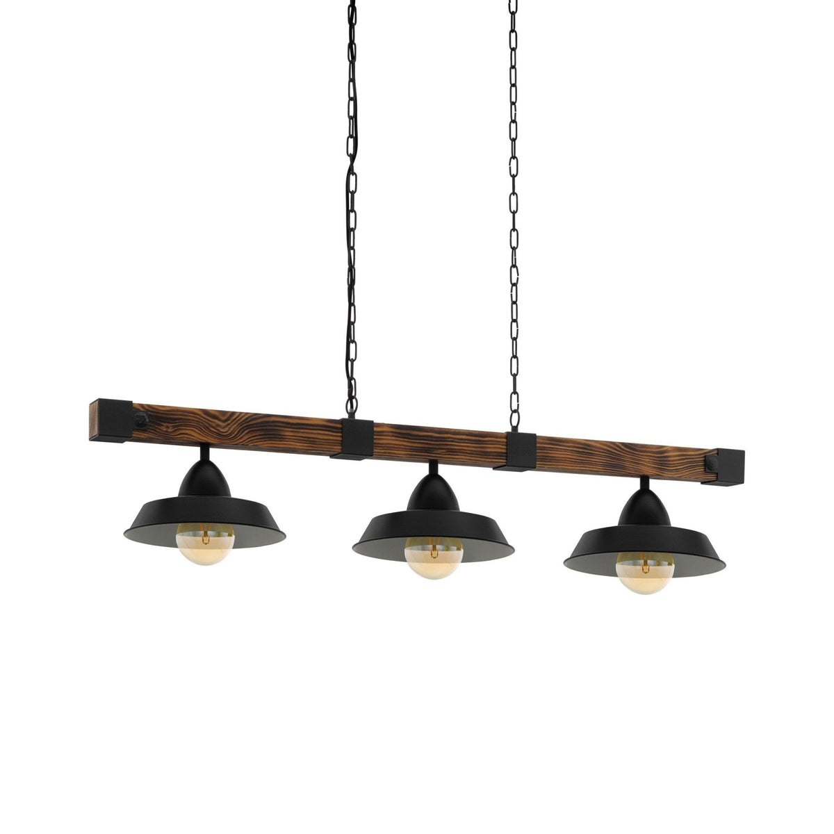 Oldbury Three Lamp Linear Pendant in Black with Burnt Wooden Crossbar