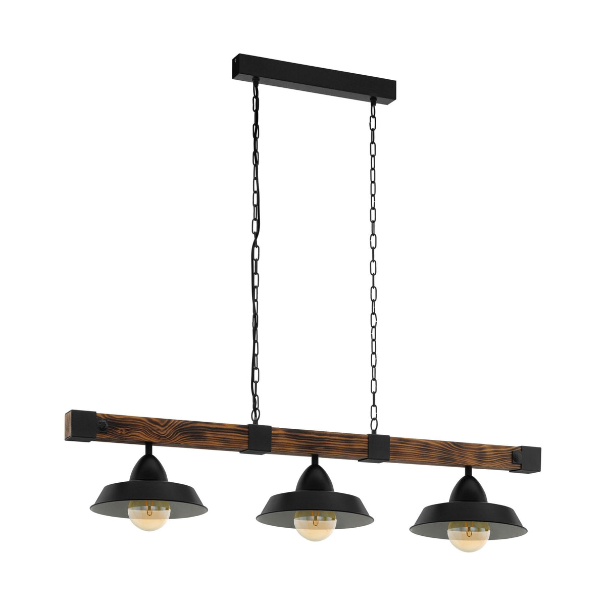 Oldbury Three Lamp Linear Pendant in Black with Burnt Wooden Crossbar