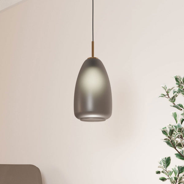 Alobrase 200mm Pendant Light in Black & Brushed Brass with Matt Grey Glass Shade