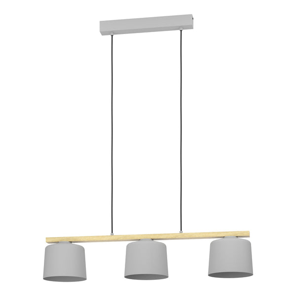 Mariel Triple Lamp Linear Pendant with Wooden Crossbar & Grey Fabric Shades