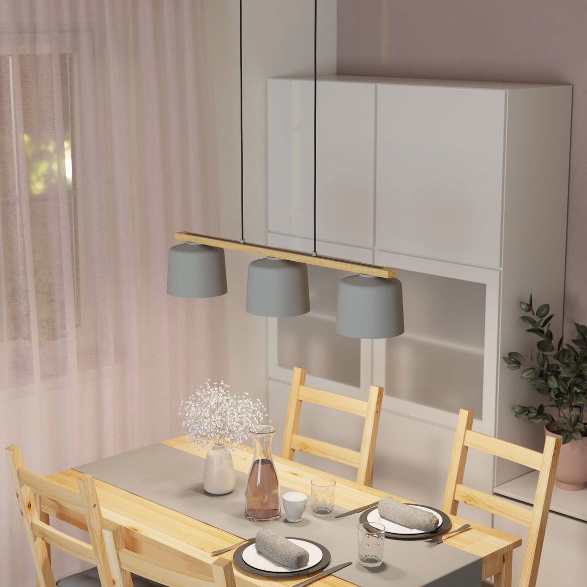 Mariel Triple Lamp Linear Pendant with Wooden Crossbar & Grey Fabric Shades