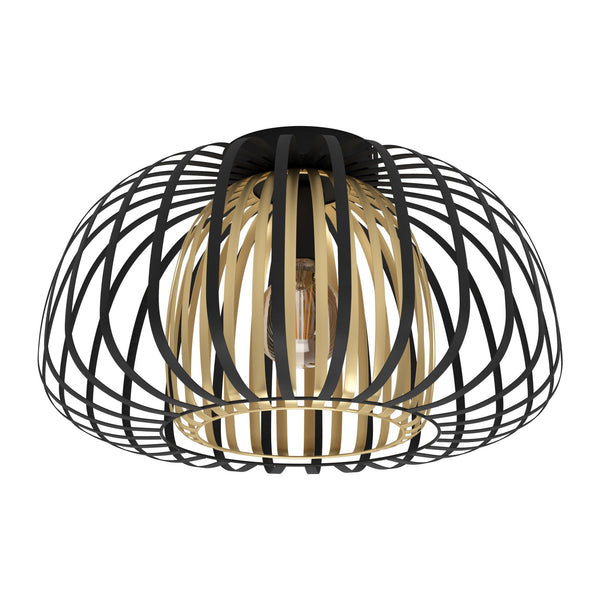 A black wire cage ceiling light with a wooden inner shade on a white background.