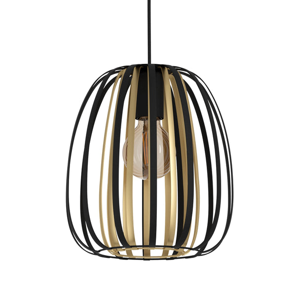 A close-up view of the black and gold slatted pendant light.