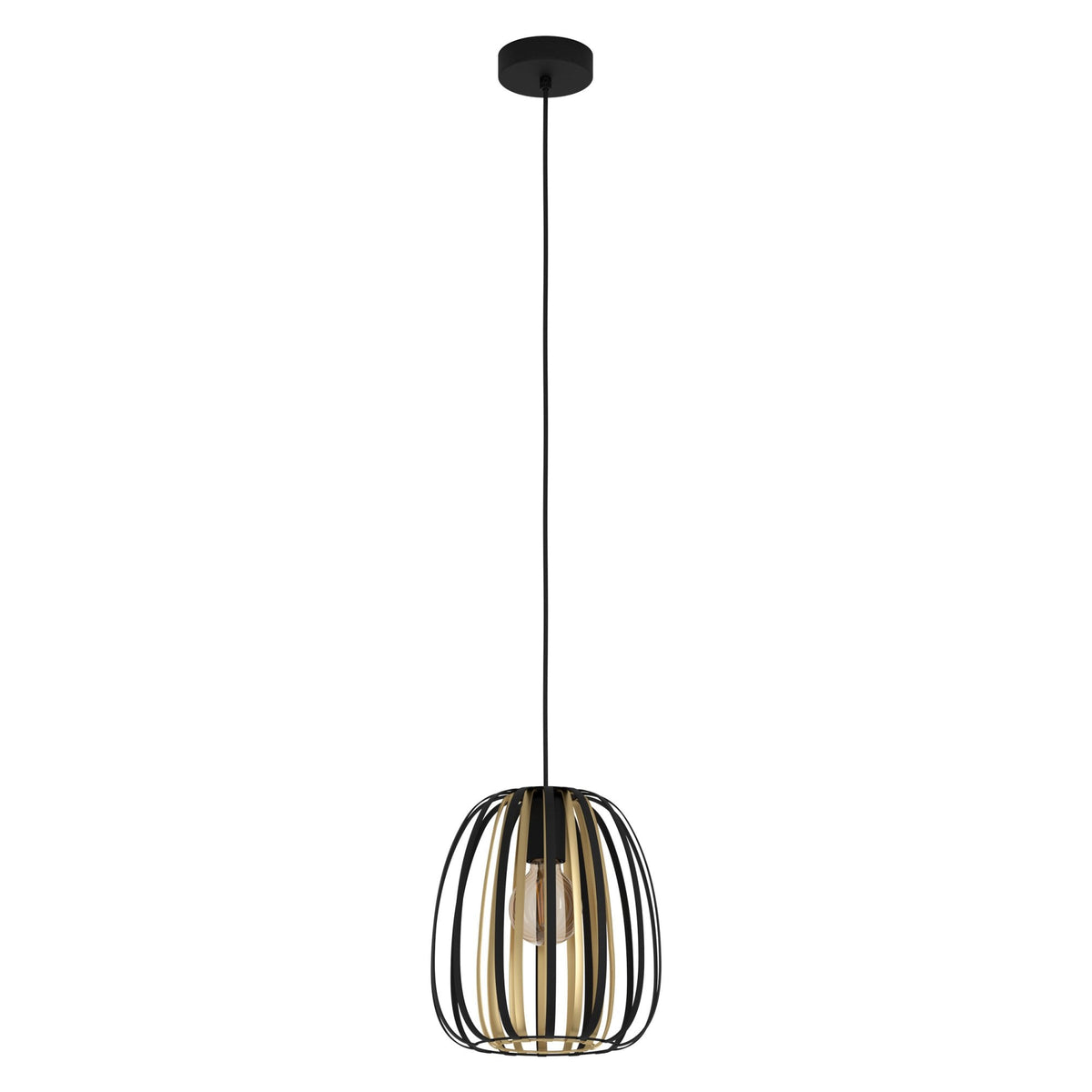 A full view of the black and gold slatted pendant light with a black cord.
