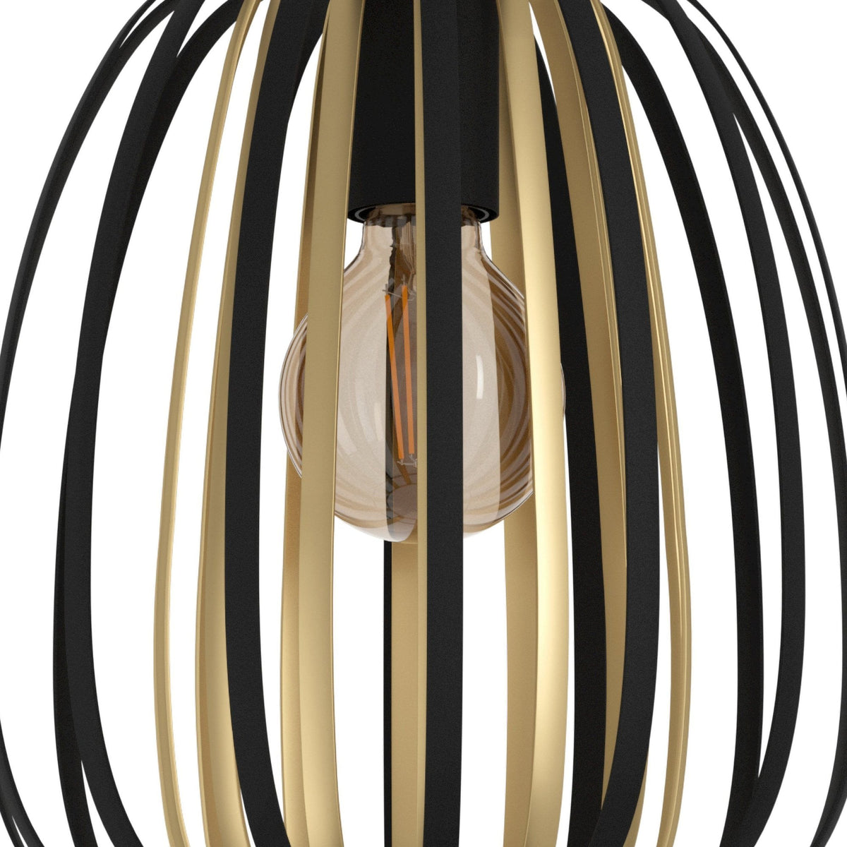 A detailed view of the black and gold slatted pendant light's bulb.