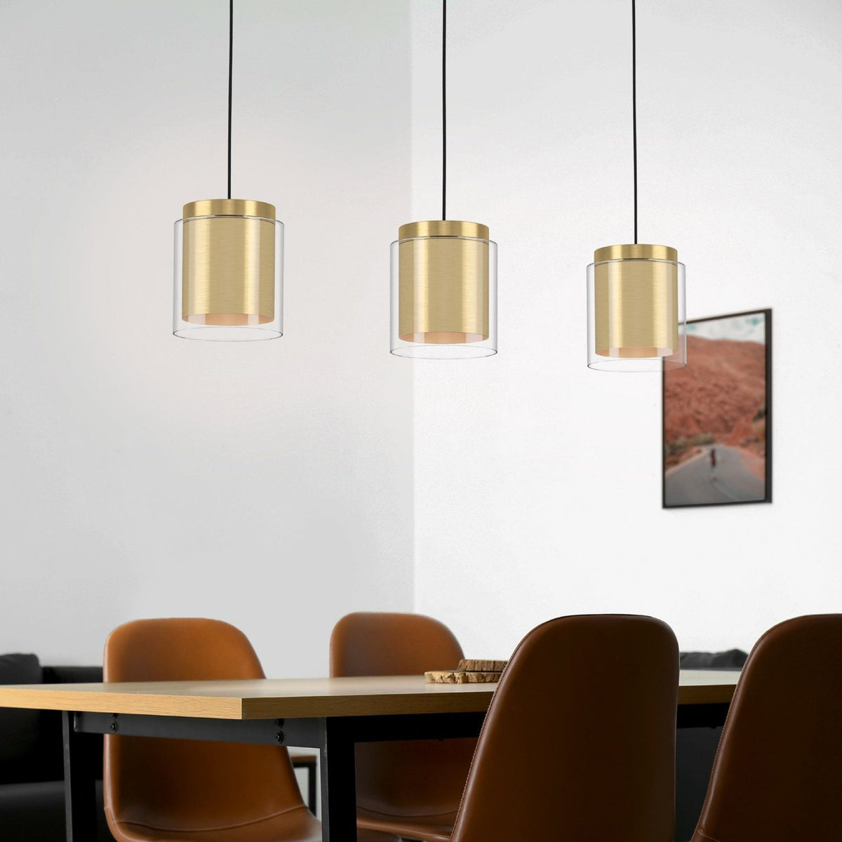Lagunitas Triple Drop Linear Pendant in Brushed Brass with Outer Clear Glass Shades
